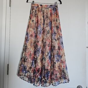 Mila Owen Japanese Floral Maxi Skirt With Pleated Mesh And Nude Lining